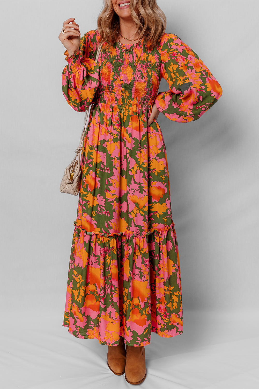 Orange Floral Puff Sleeve Smocked Bodice Ruffled Long Dress