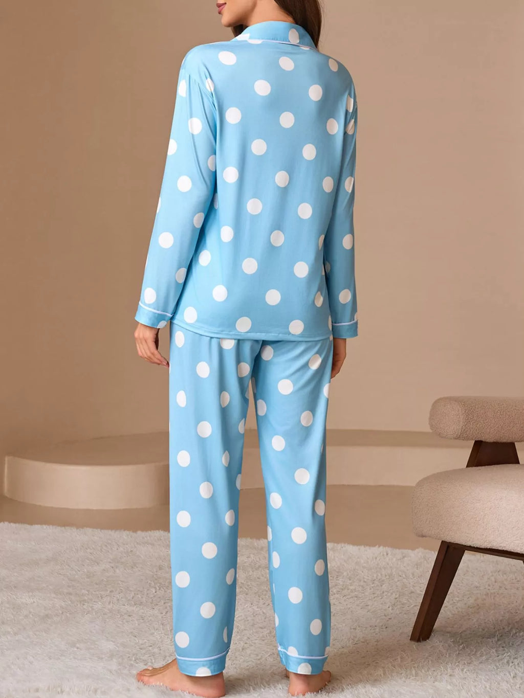 Polka Dot Button-Down Top and Pants Lounge Set