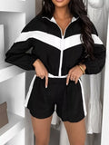 Color Block Zip-Up Jacket and Shorts Two-Piece Set