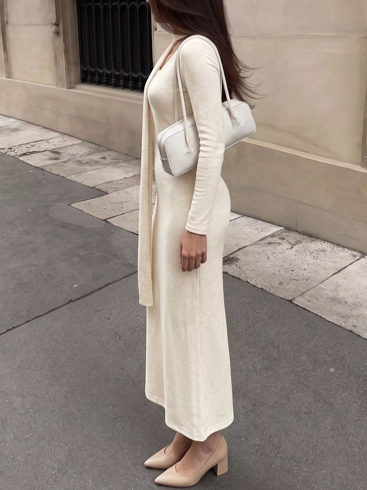 Round Neck Maxi Knit Dress with Matching Scarf