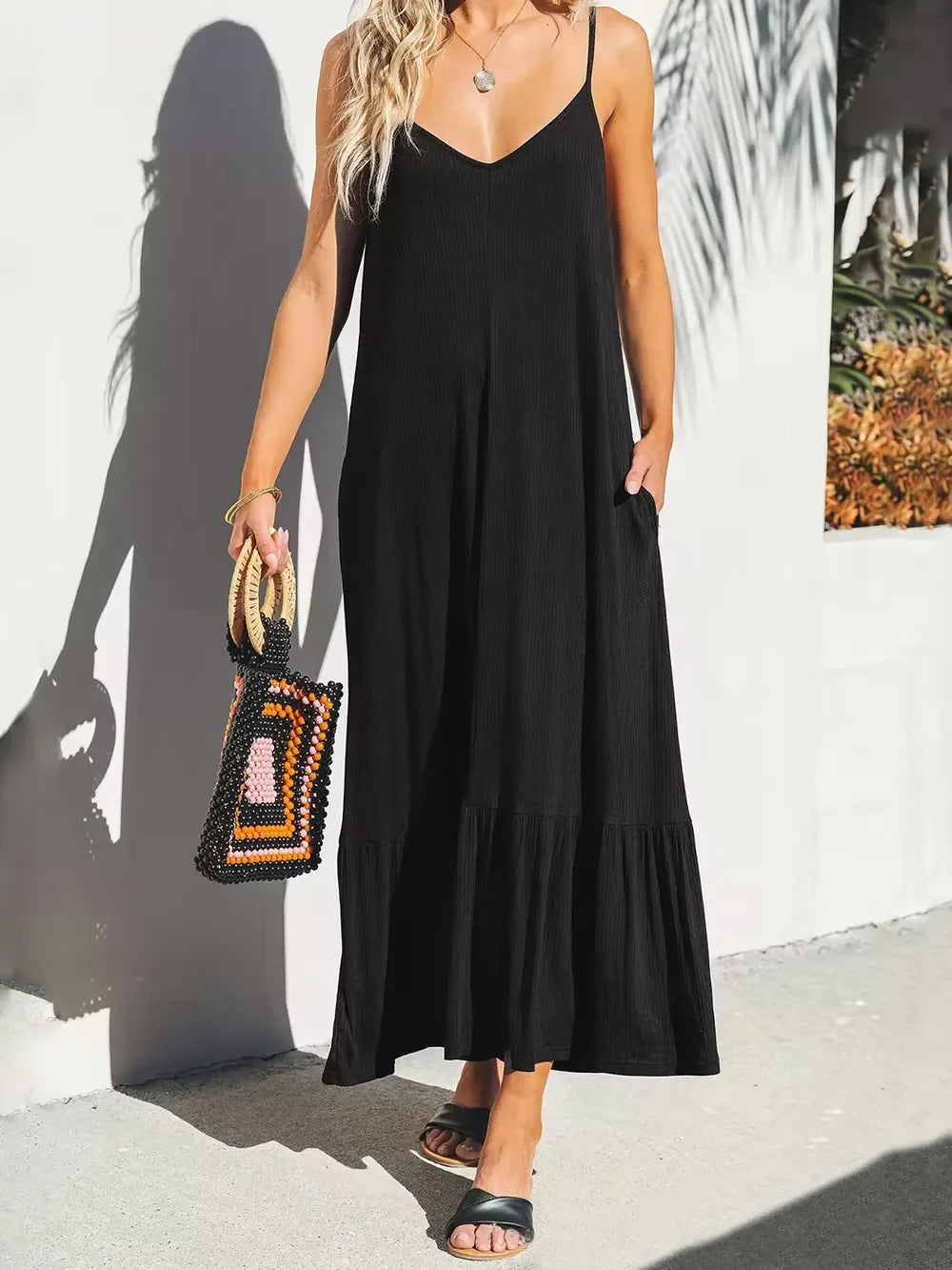 V-Neck Ruffled Hem Midi Cami Dress