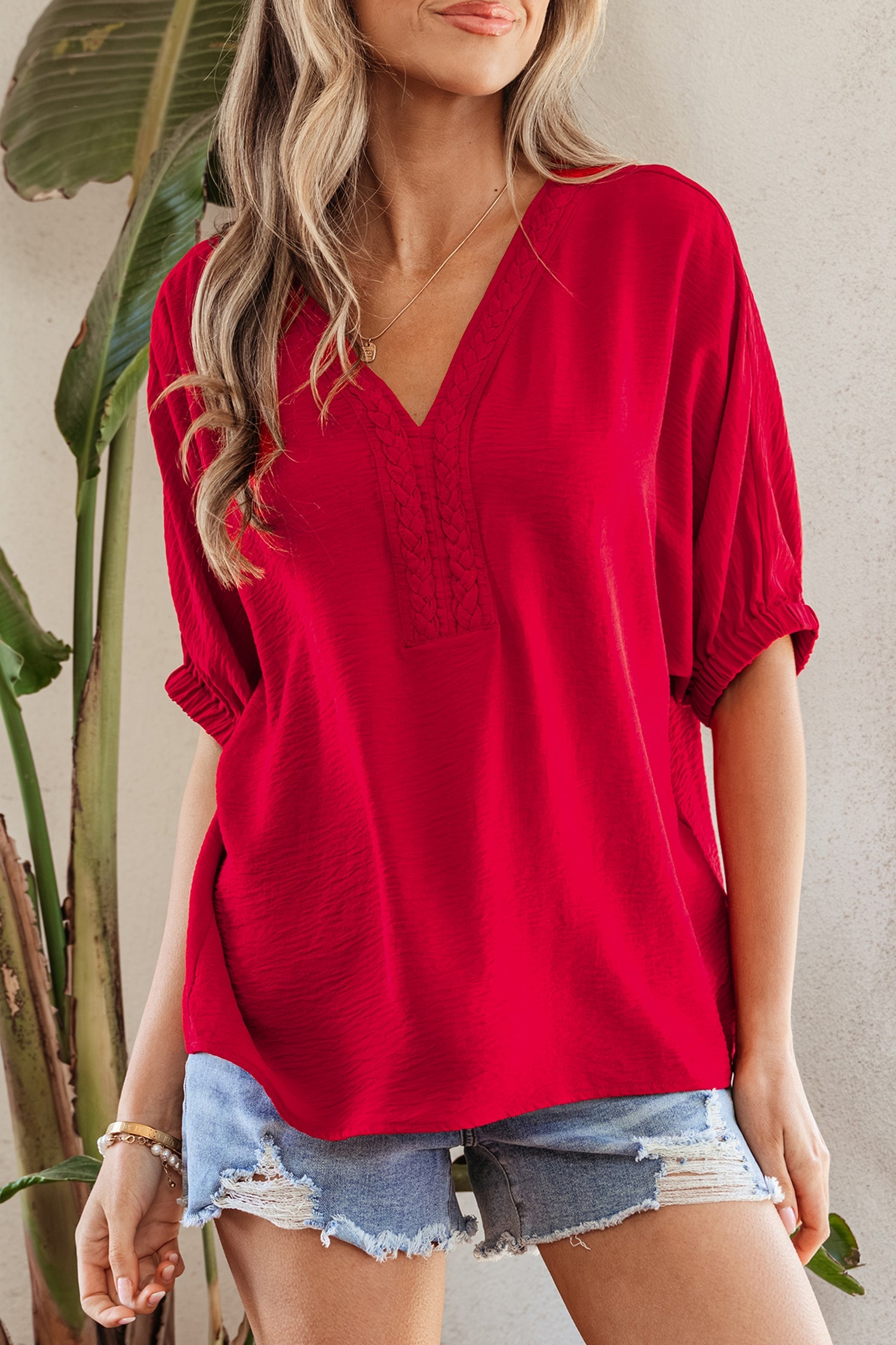 Racing Red Braided Trim V Neck Half Sleeve Blouse