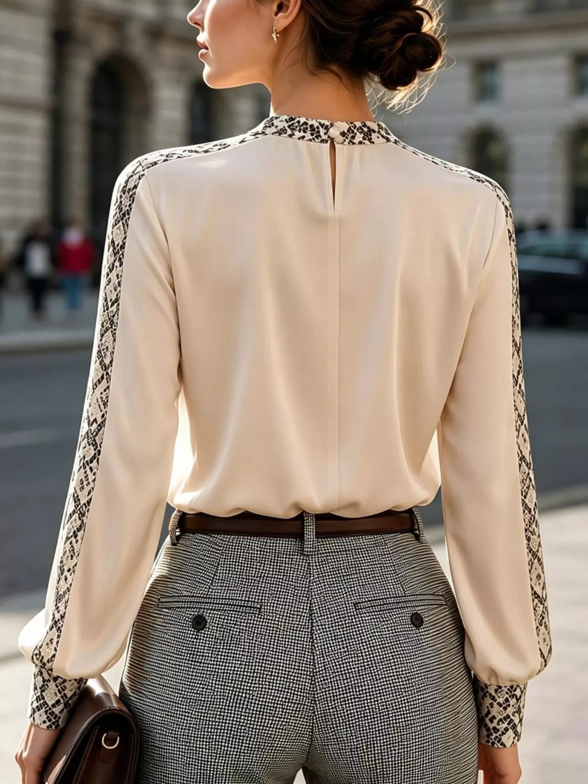 Snake Print Contrast Trim Satin Blouse