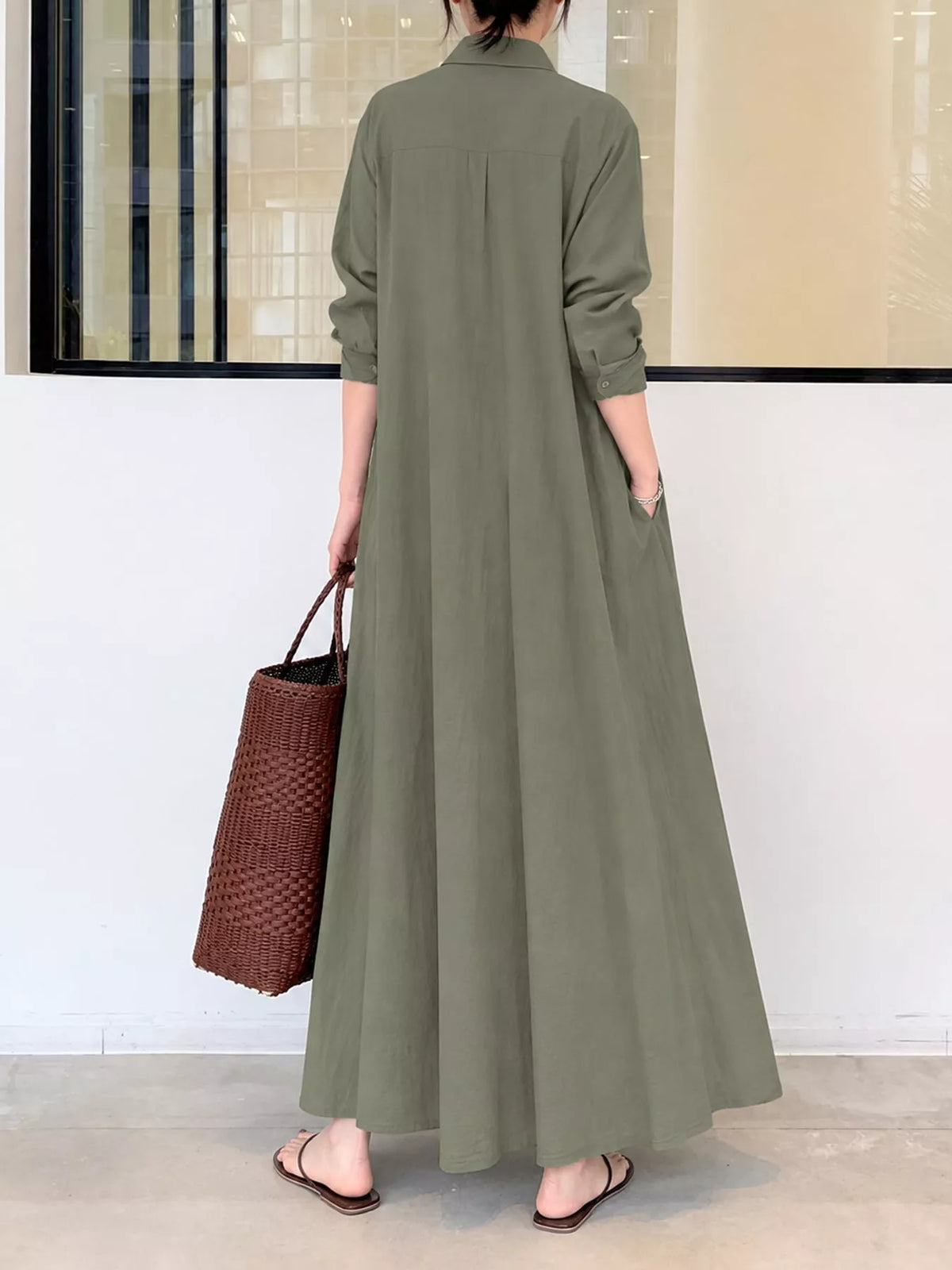 Full Size Button Front Long Sleeve Maxi Shirt Dress Plus Size