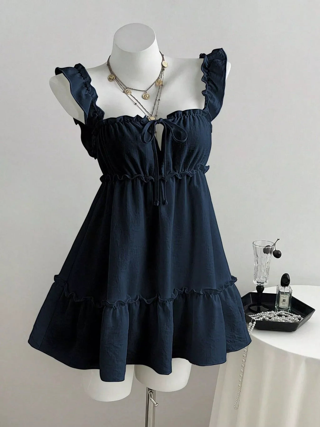 Ruffled Square Neck Tie-Front Mini Dress
