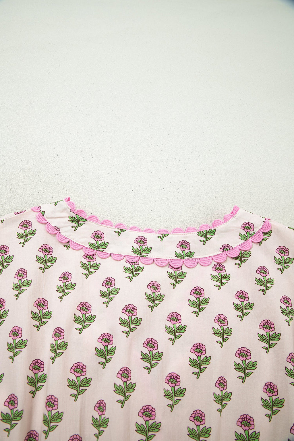 Pink Floral Print V Neck Scallop Trim Button Front Short Sleeve Long Dress