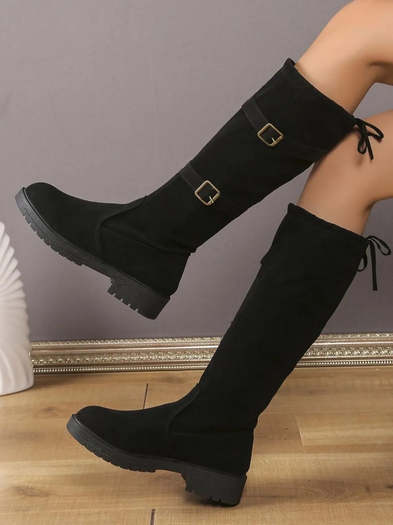 Suede Knee-High Combat Boots with Double Buckle Straps