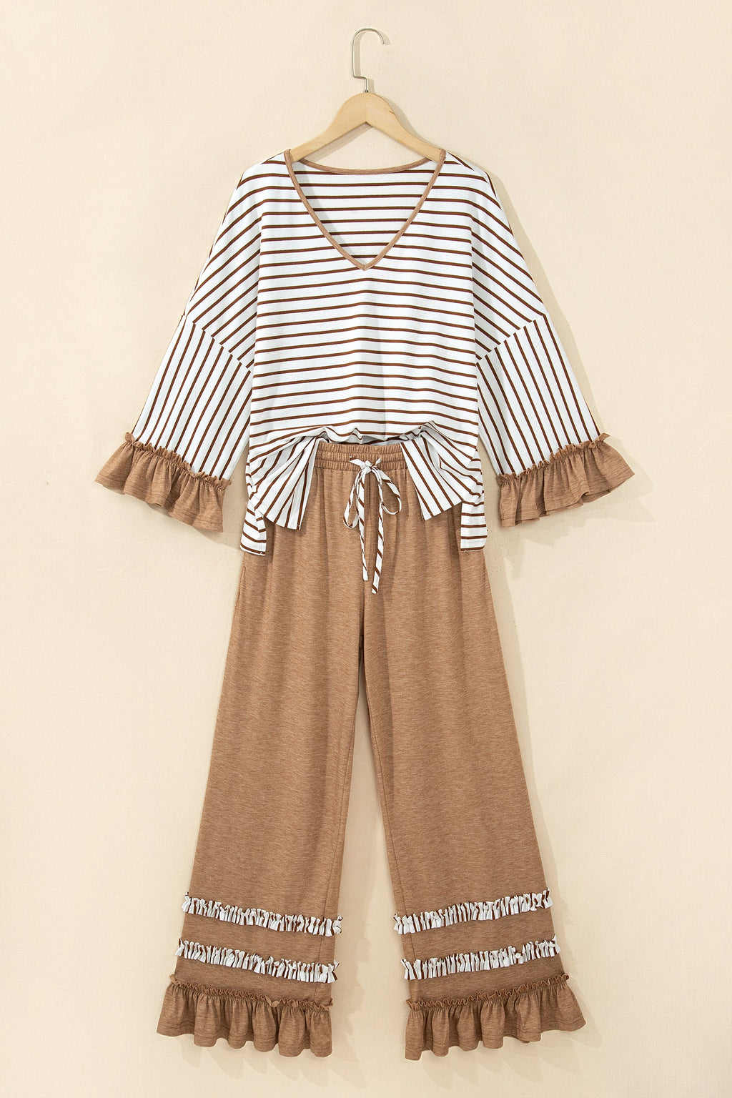 Gray Stripe V Neck Ruffle Contrast Sleeve Top Drawstring Pants 2pcs Set