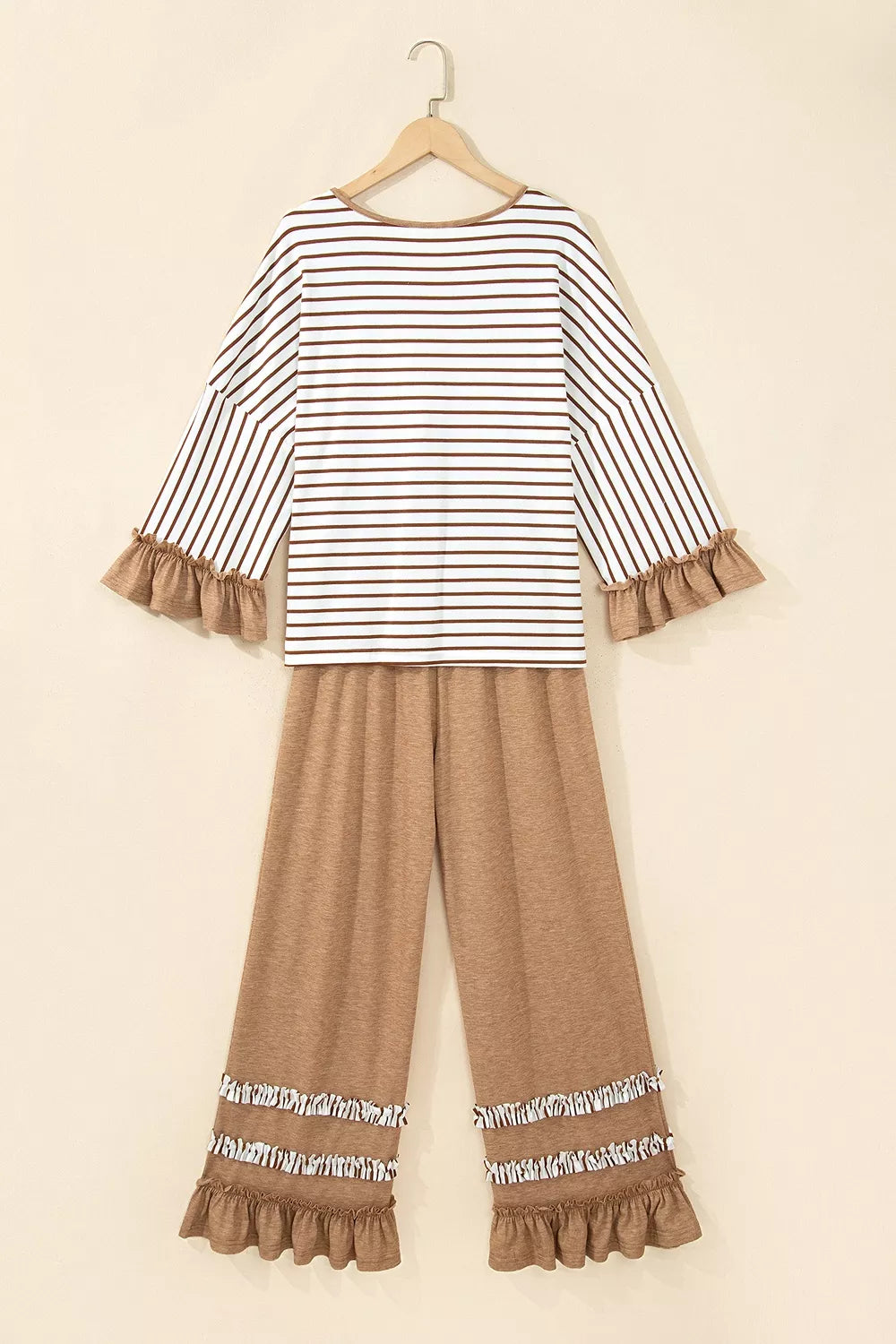 Stripe V Neck Ruffle Contrast Sleeve Top Drawstring Pants 2pcs Set