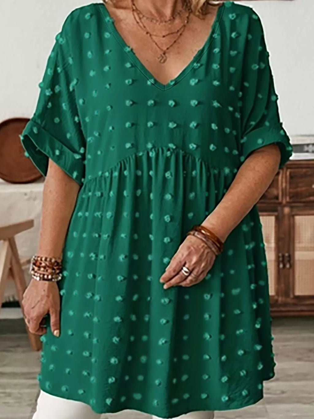 Plus Size Swiss Dot V-Neck Casual Blouse