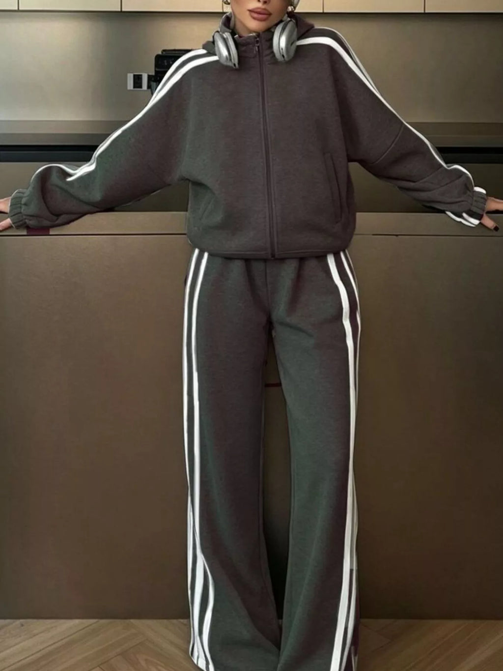 Side Stripes Zip Up Top and Pants Set