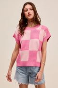 Check Plaid Oversized Sweater Top with Ribbed Detail