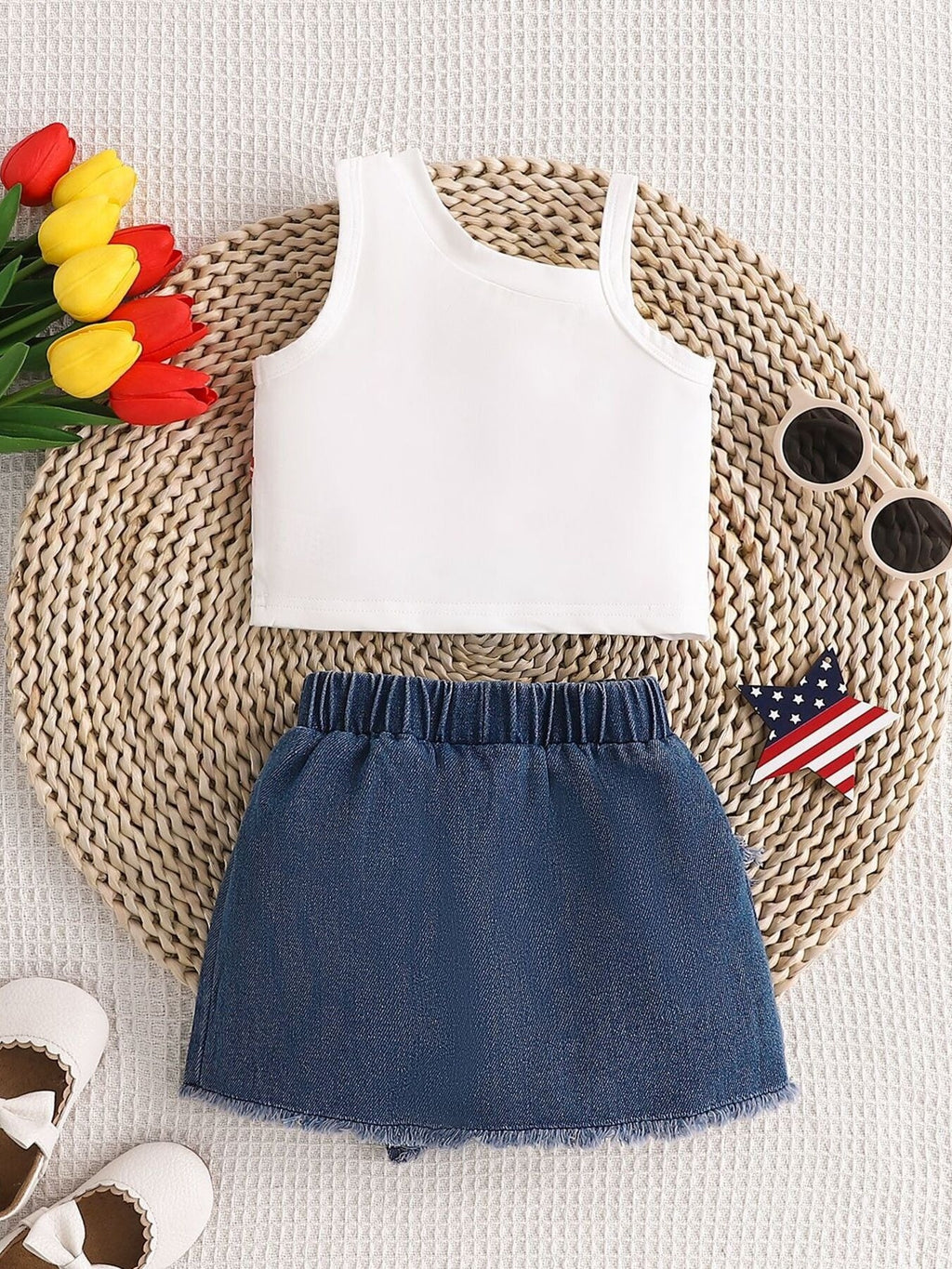 Children's American Flag Print Tank Top & Denim Skirt Set