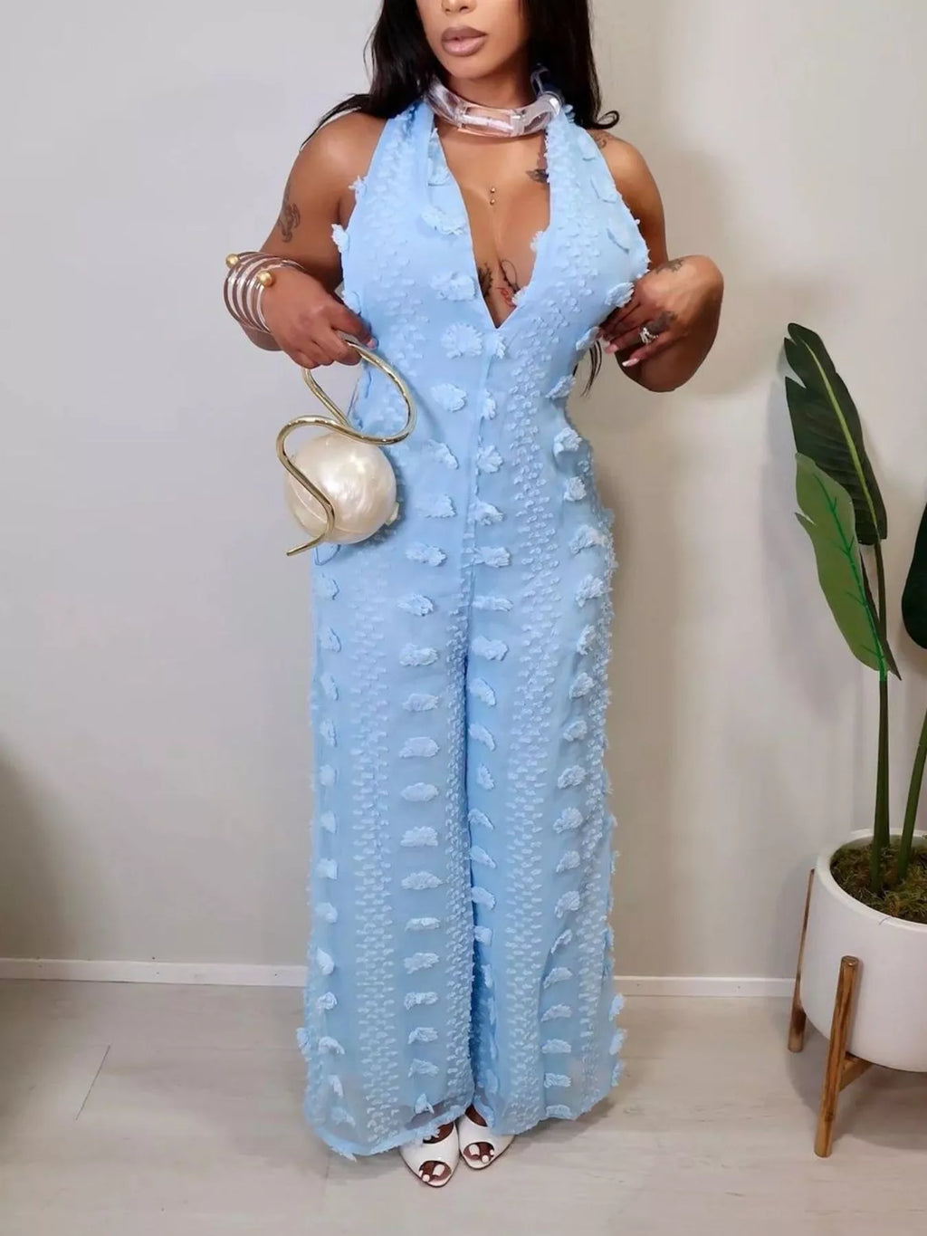 Textured Halter Wide-Leg Jumpsuit
