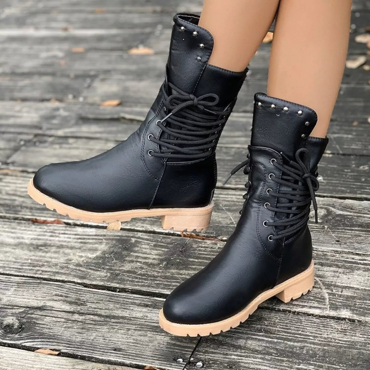 Lace Up Block Heels Boots
