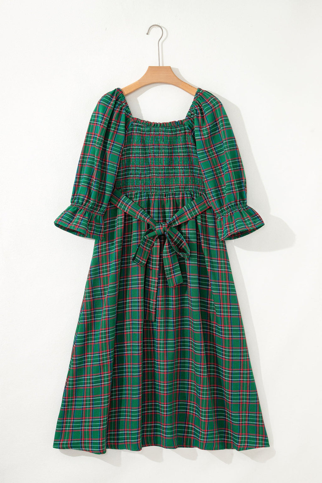 Plaid Square Neck Puff Sleeve Belted Midi Dress