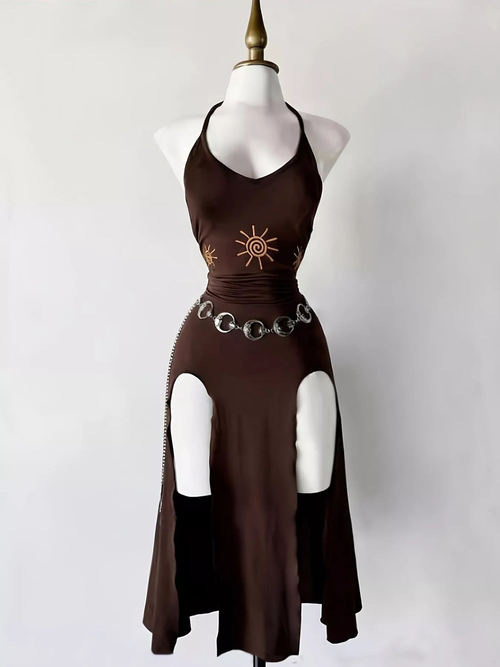 Slit Halter Neck Sun-Embroidered Dress