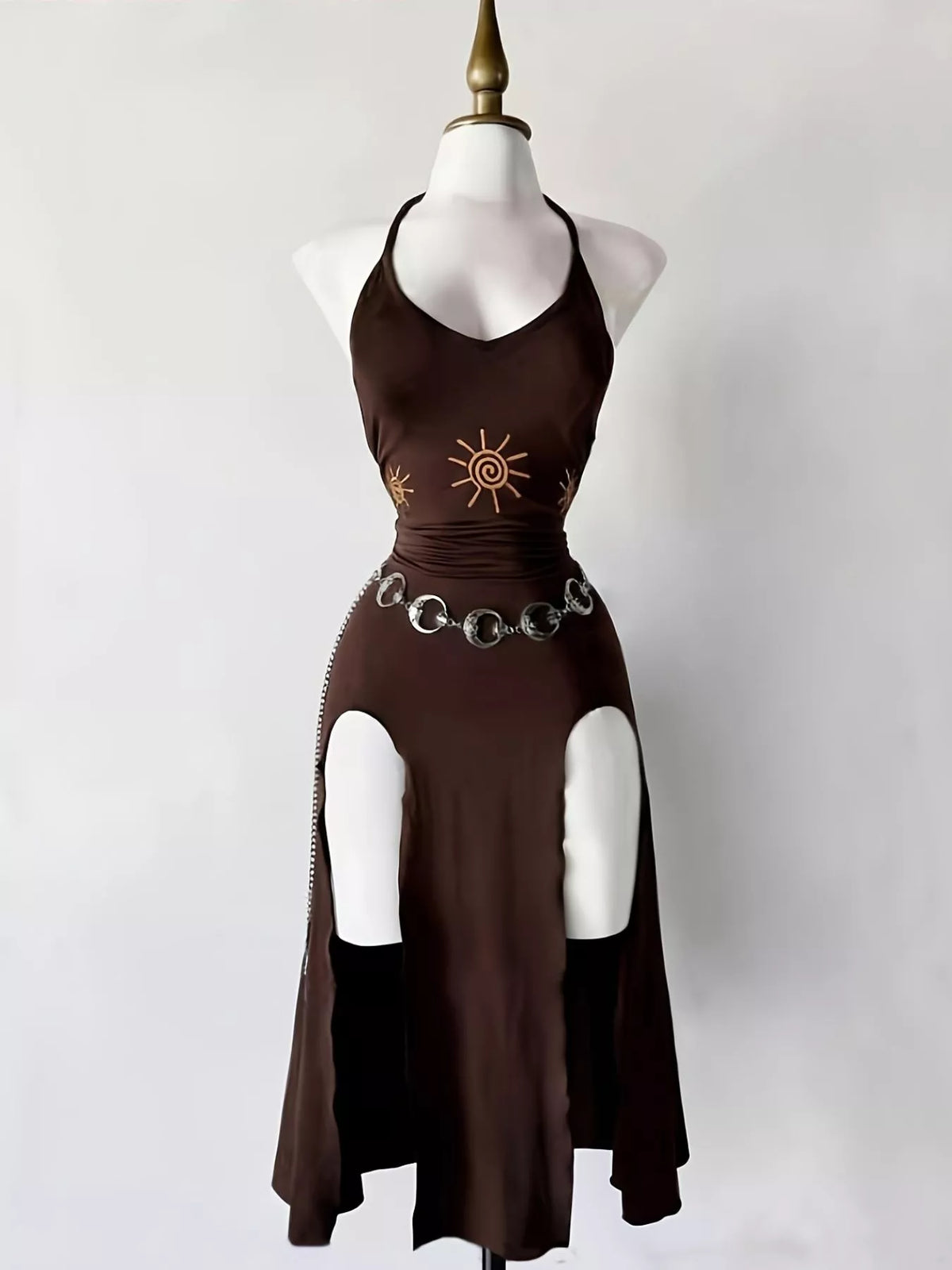 Slit Halter Neck Sun-Embroidered Dress