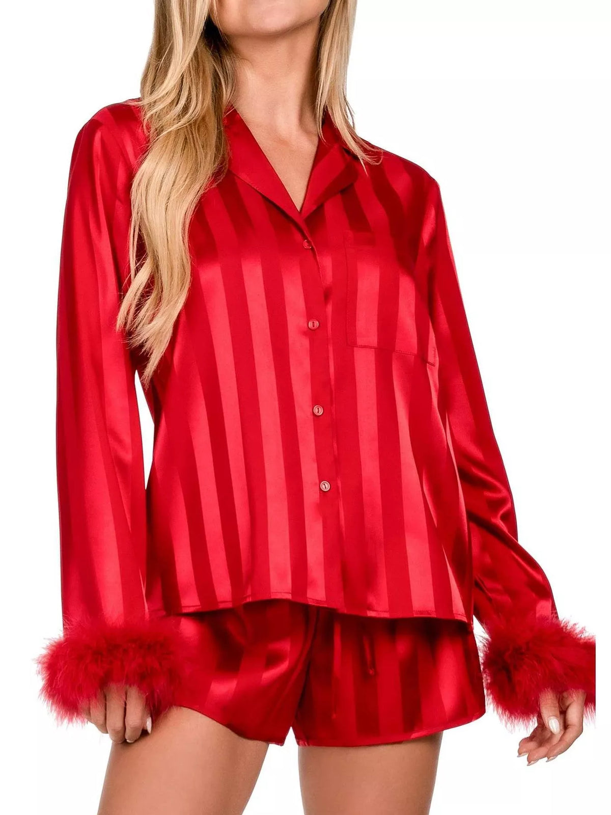 Striped Feather Trim Collared Shirt and Shorts Lounge Set