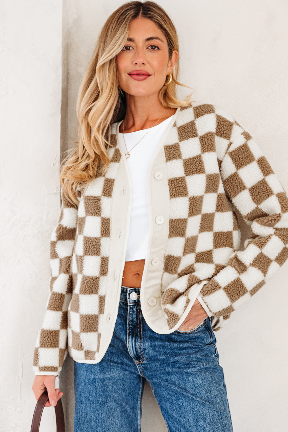 Checker Sherpa Button Front Chunky Jacket