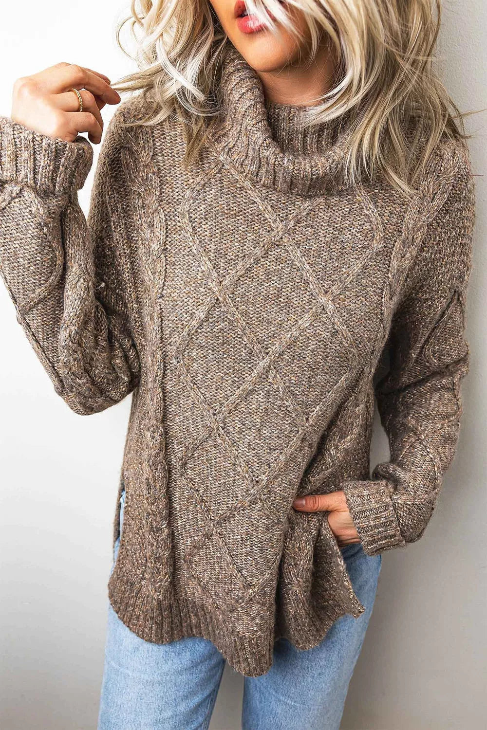 High Neck Drop Shoulder Cable Knit Regular Length Sweater