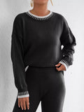 Contrast Trim Crew Neck Drop Shoulder Sweater
