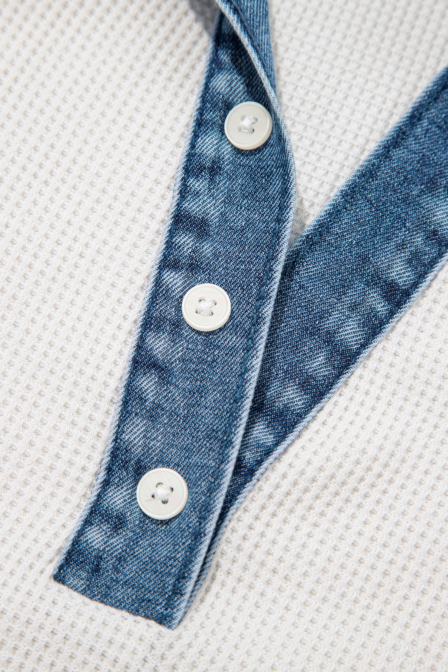 White Textured Color Block Denim Patchwork Polo Collar Tee