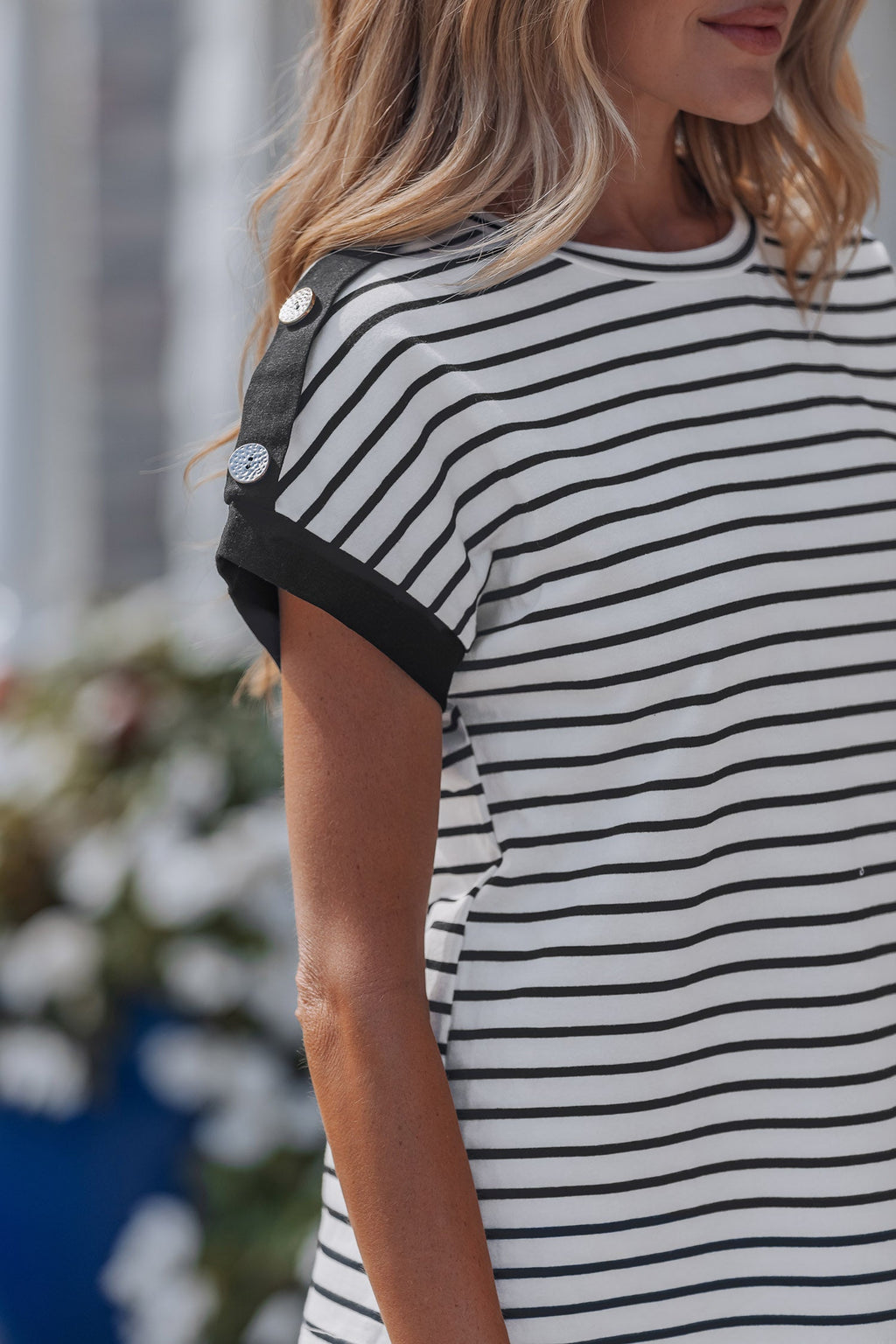 Black Stripe Cuffed Sleeve Button Detail Loose Tee