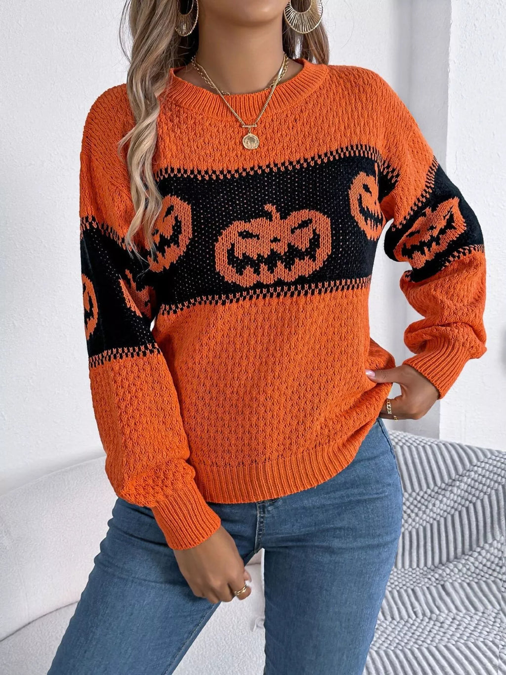 Halloween Pumpkin Pattern Round Neck Sweater