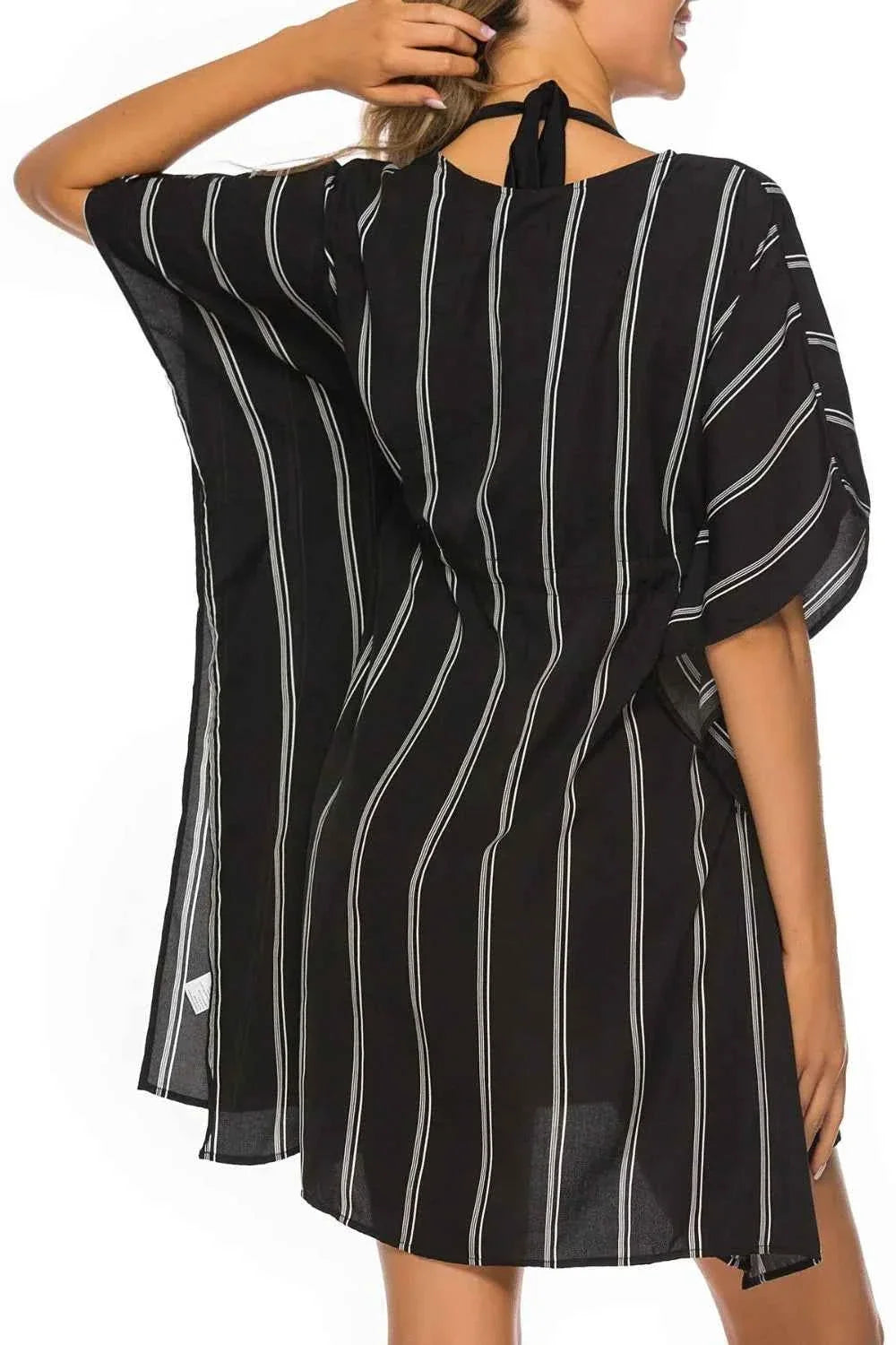 Drawstring Striped V-Neck Short Sleeve Beach Cover-Up