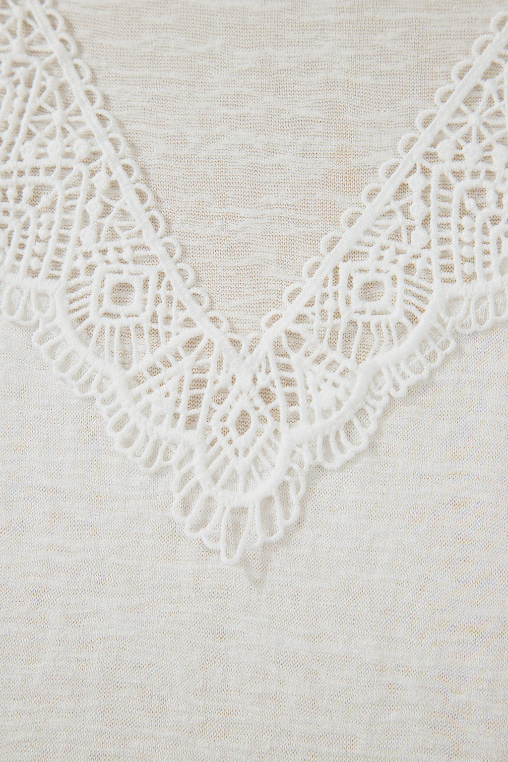 White Hollowed Lace Splicing V Neck T Shirt