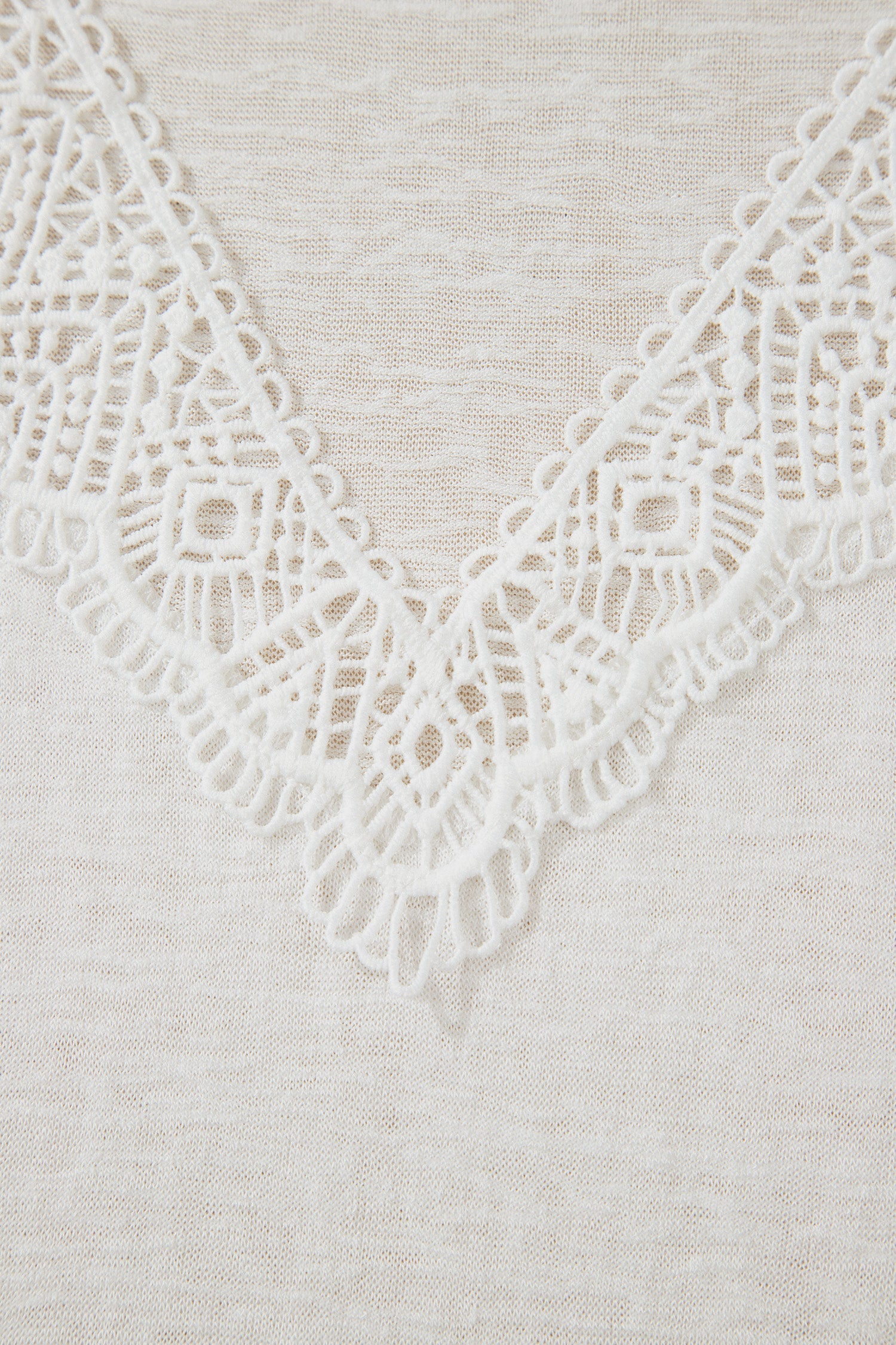 White Hollowed Lace Splicing V Neck T Shirt