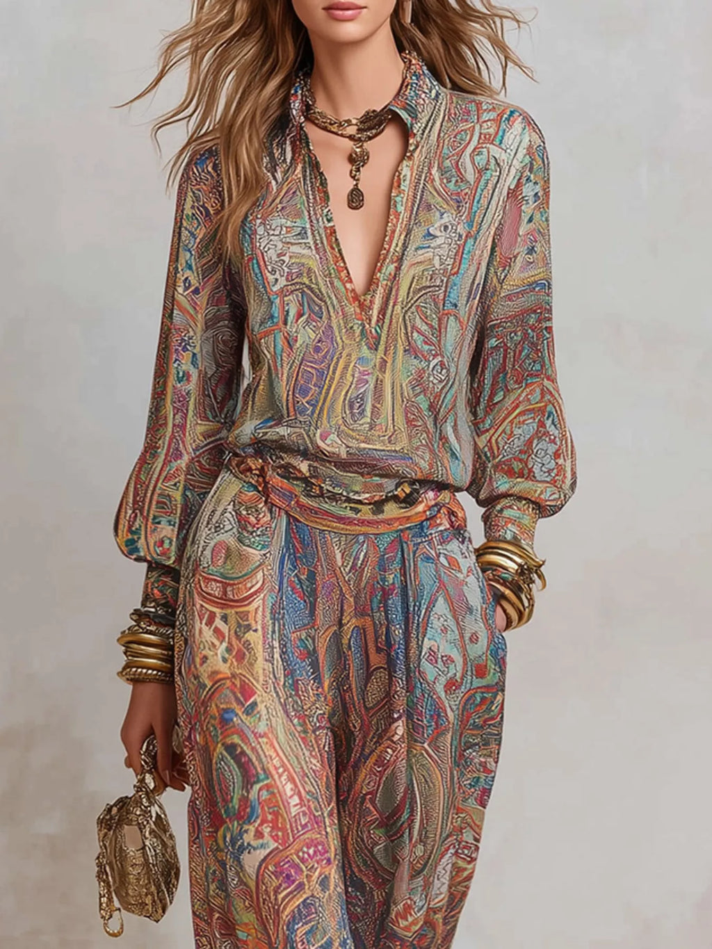 Paisley Print Long Sleeve Top and Pants Set
