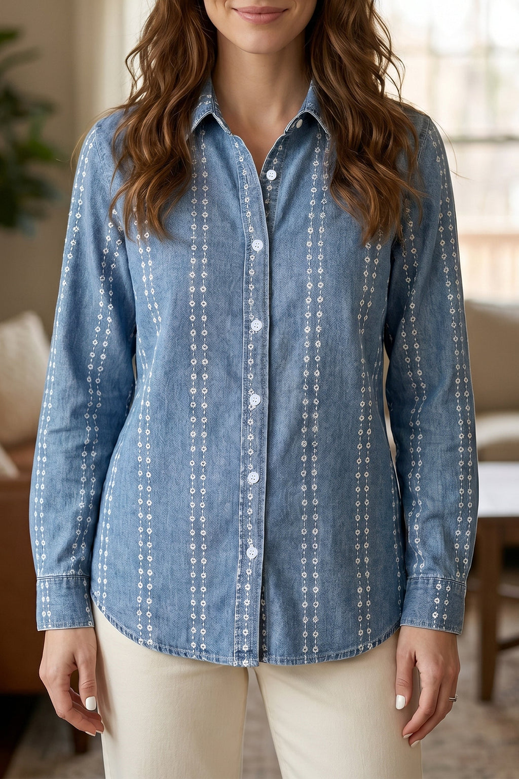 Myosotis Floral Print Button-Down Long Sleeve Denim Shirt