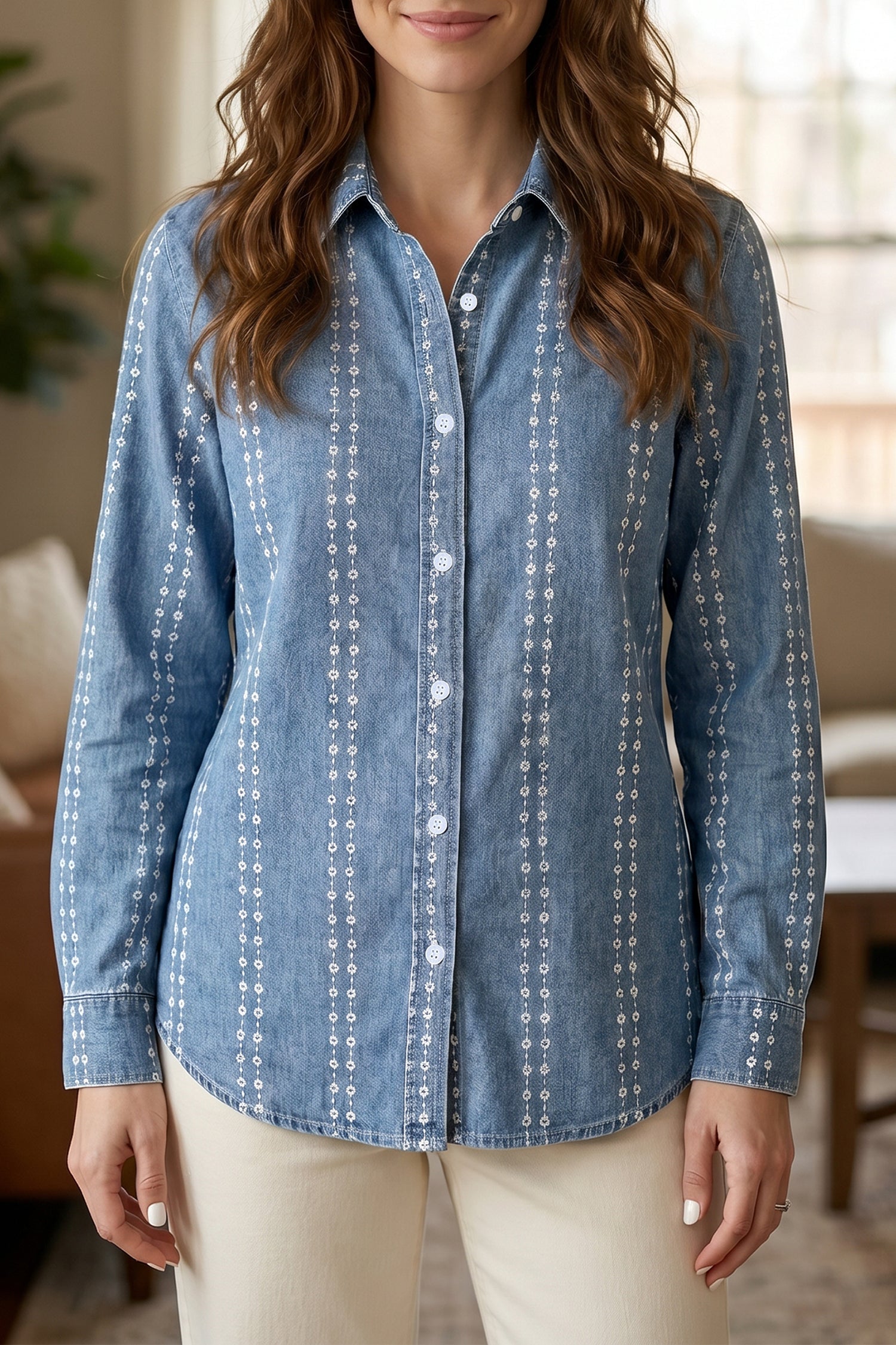 Myosotis Floral Print Button-Down Long Sleeve Denim Shirt