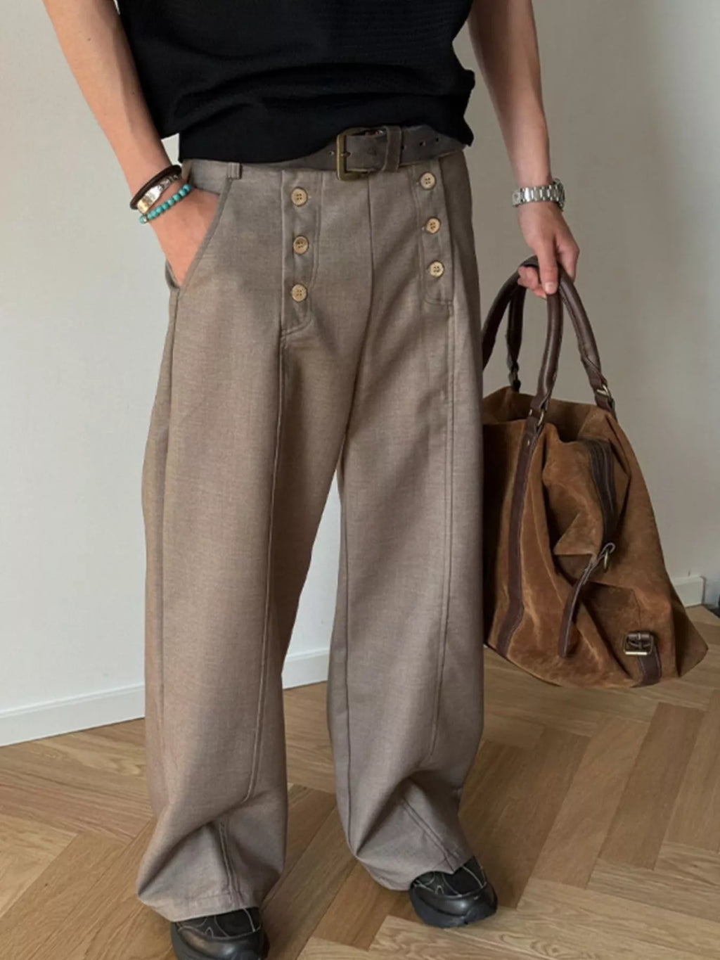 Men's  Button-Detailed Wide Leg Pants