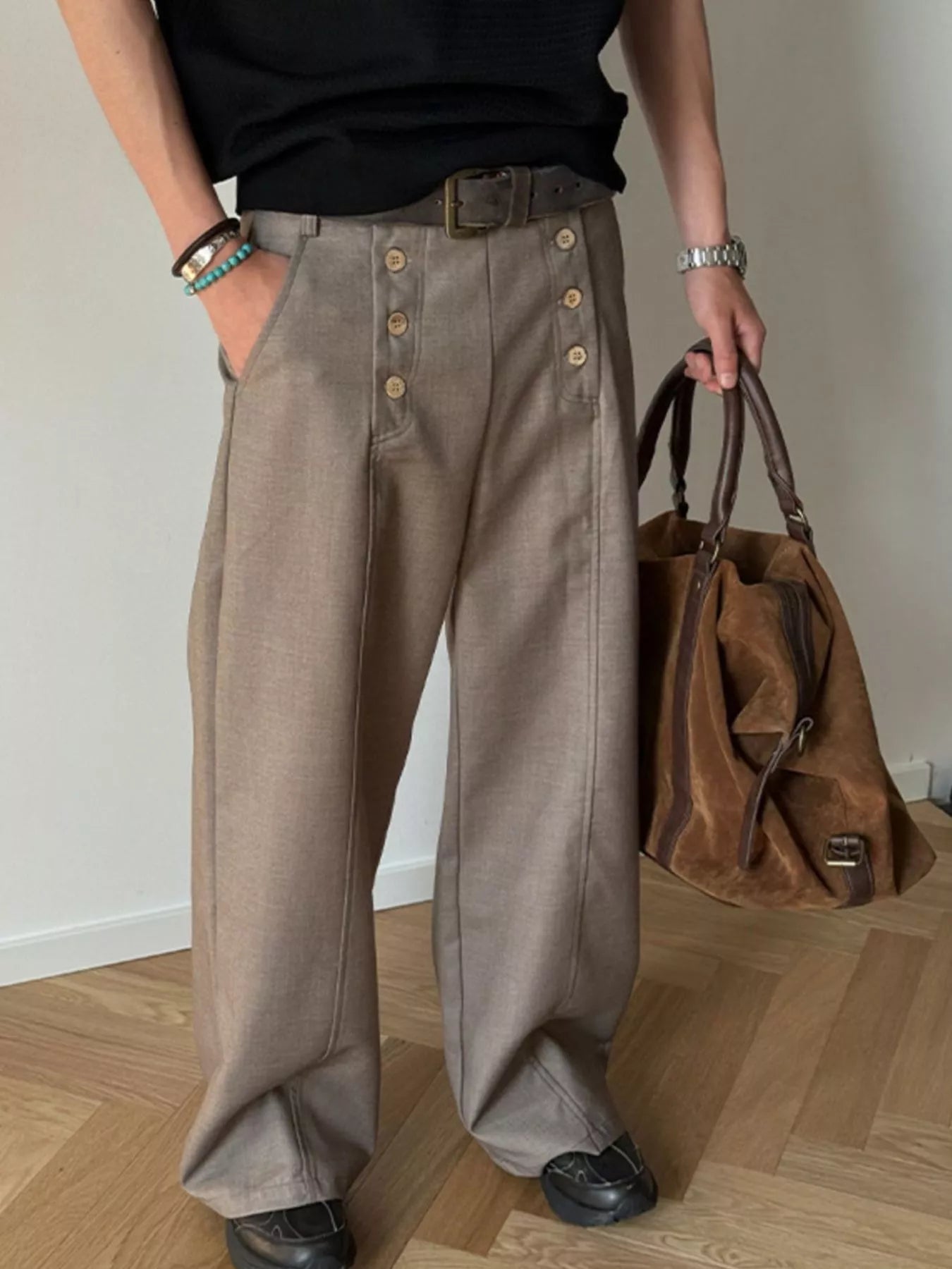 Men's  Button-Detailed Wide Leg Pants