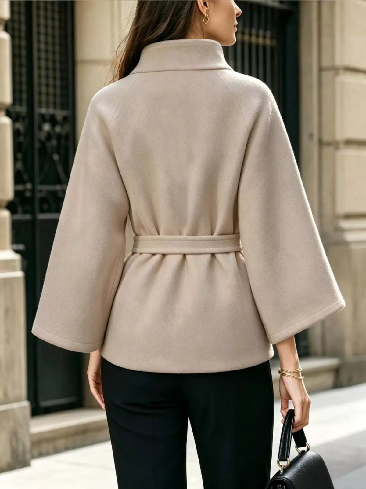 Button Down Cape Coat with Belted Waist