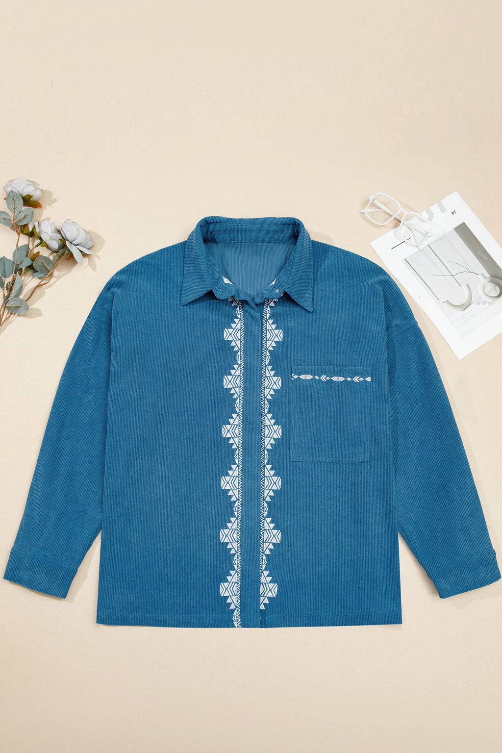 Plus Size Western Embroidered Corduroy Long Sleeve Shirt