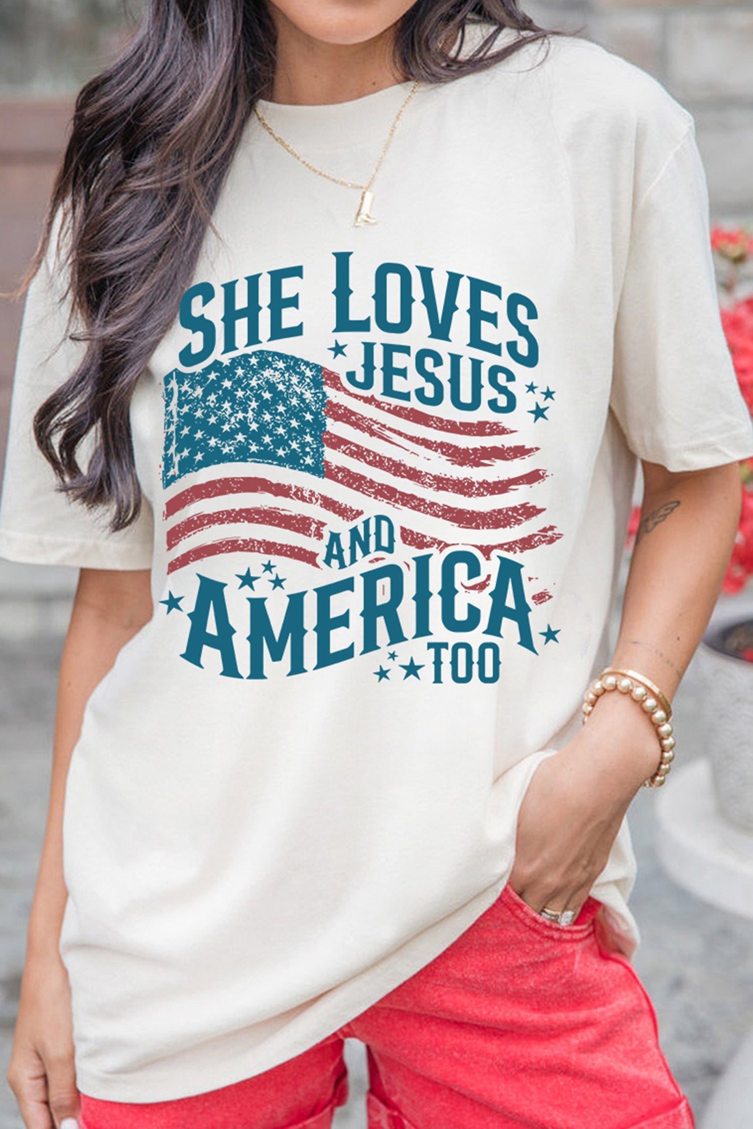White She Loves Jesus and America Flag Graphic Tee