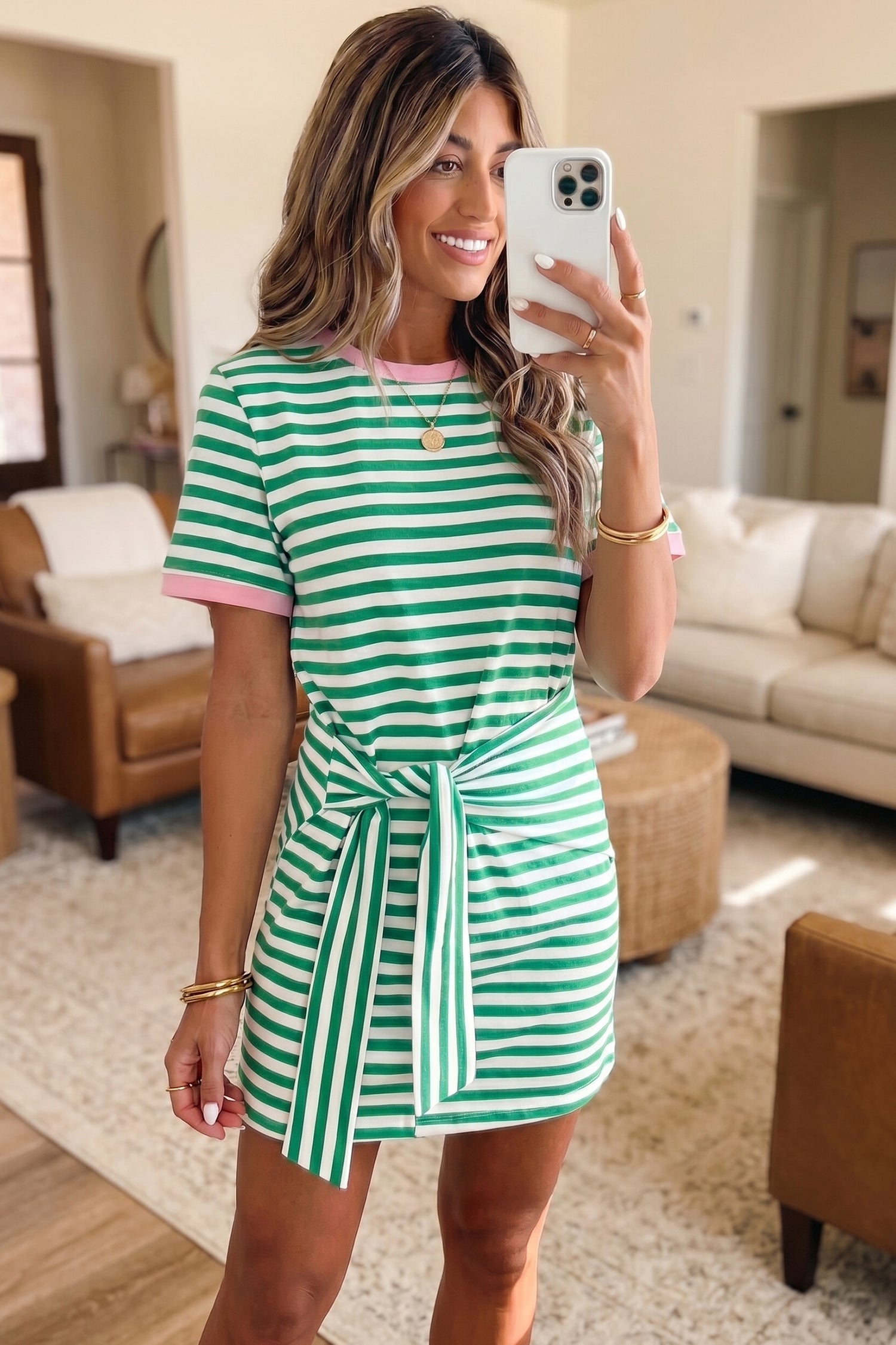 Green Stripe Nautical Tie Contrast Trim Round Neck T Shirt Mini Dress