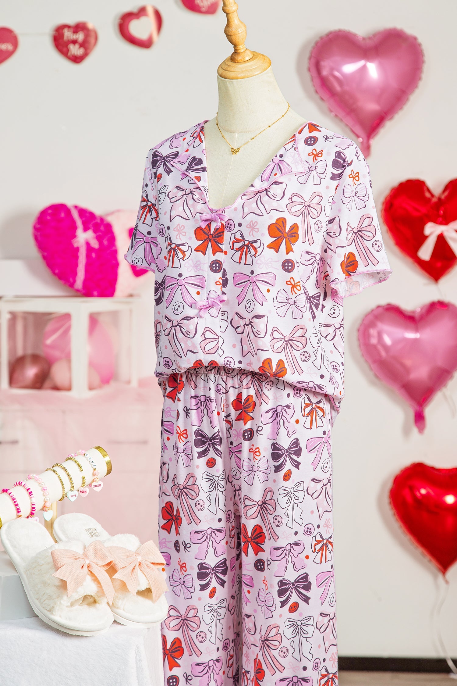 Pink Diverse Bows Buttons Printed Contrast Trim Short Sleeve Shirt Pajama Pant Set