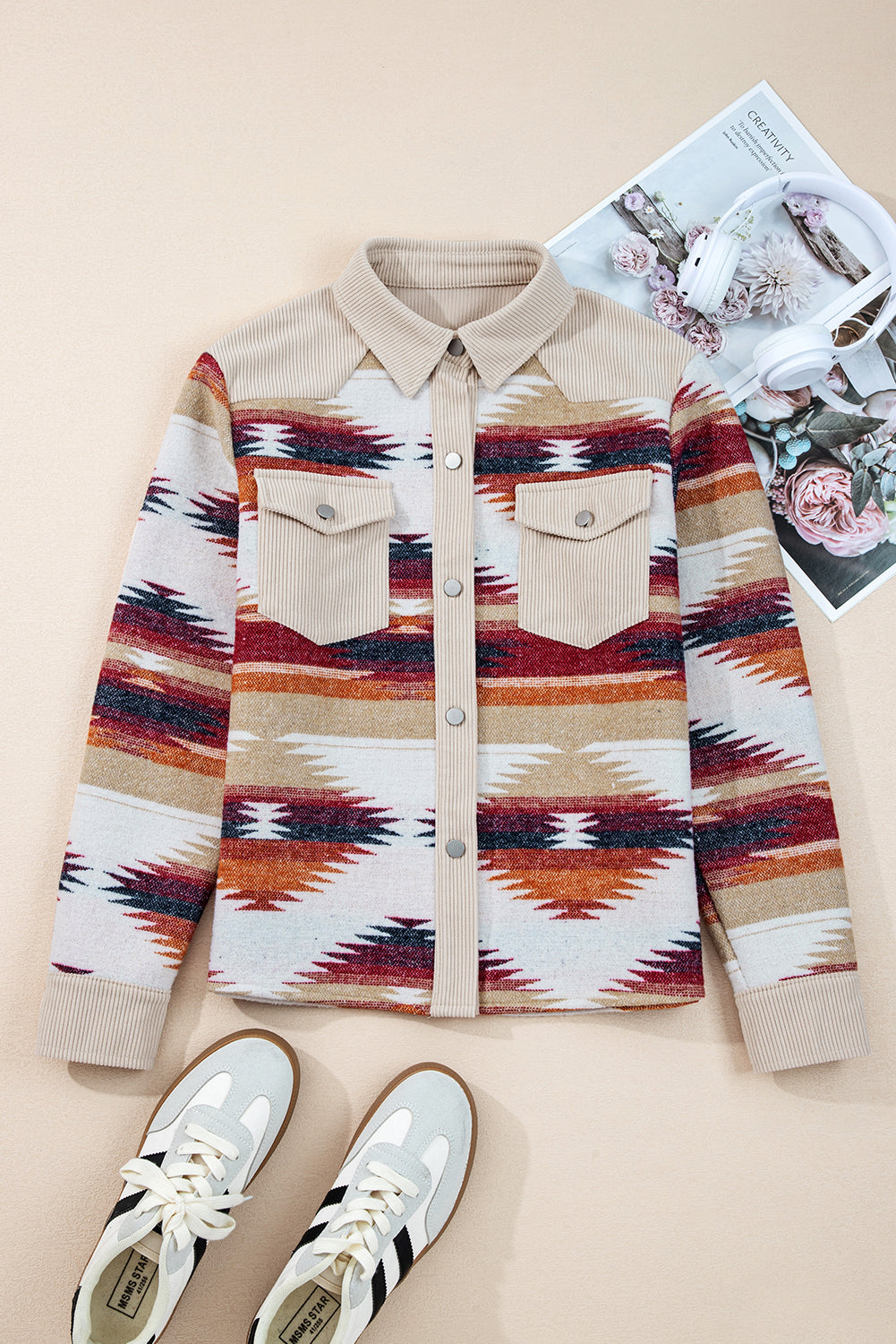 Western Aztec Corduroy Patchwork Pocketed Shacket