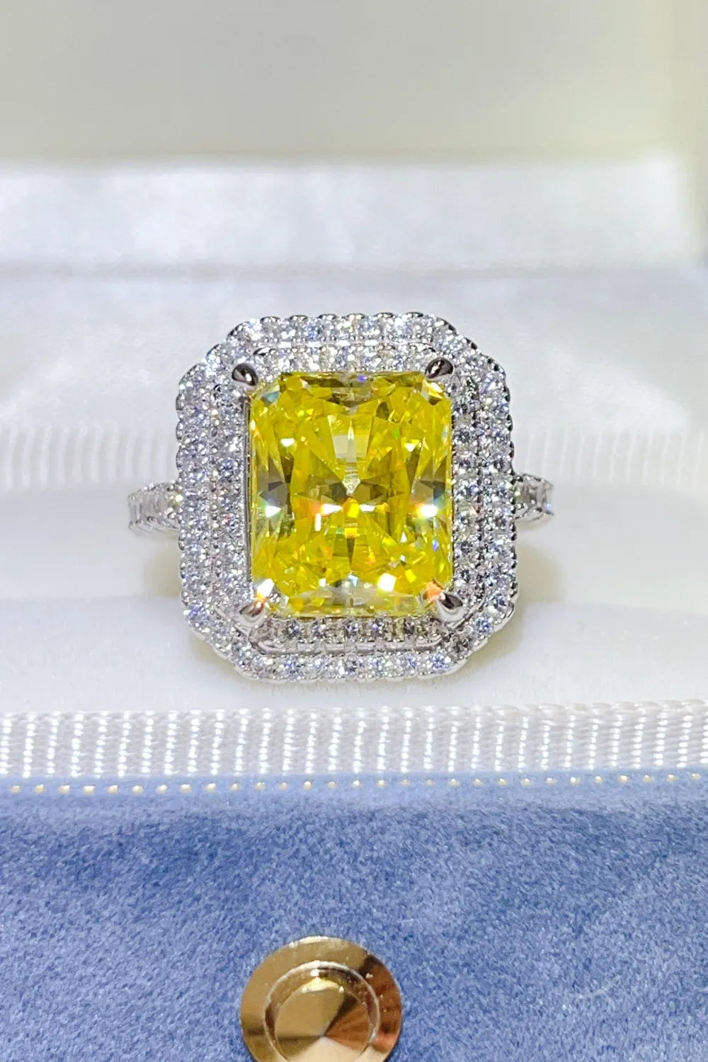 2 Carat Rectangle-Cut Yellow Moissanite Halo Ring in 925 Silver