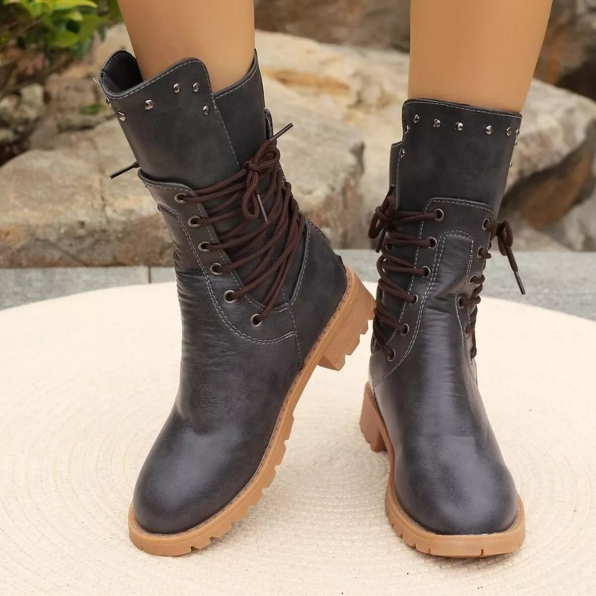 Studded Lace-Up Boots