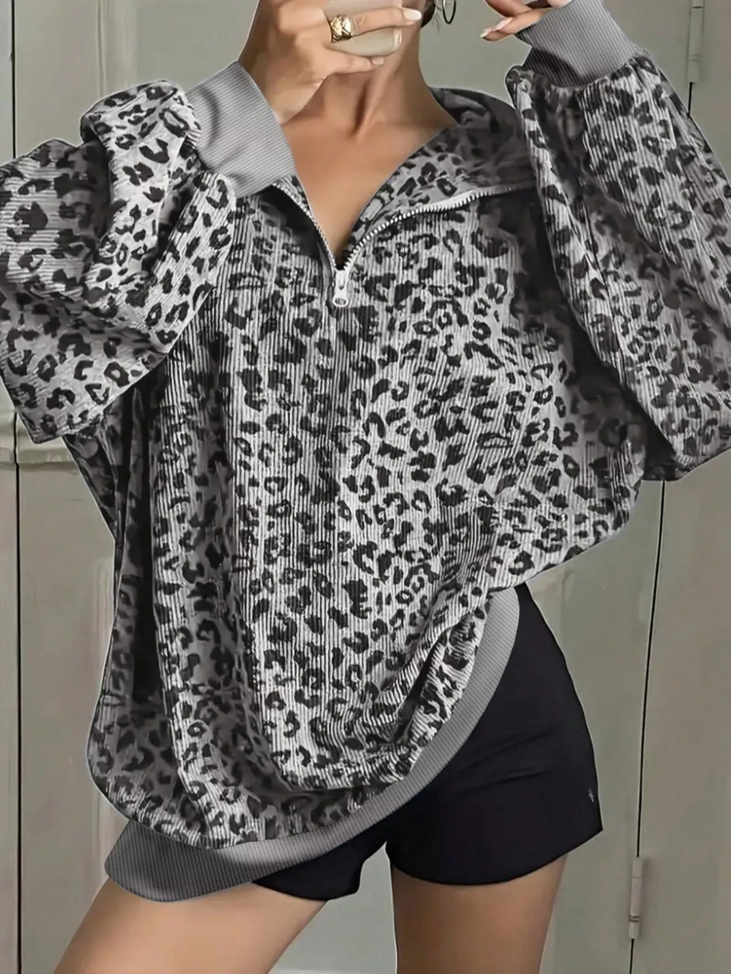 Leopard Print Quarter-Zip Sweatshirt