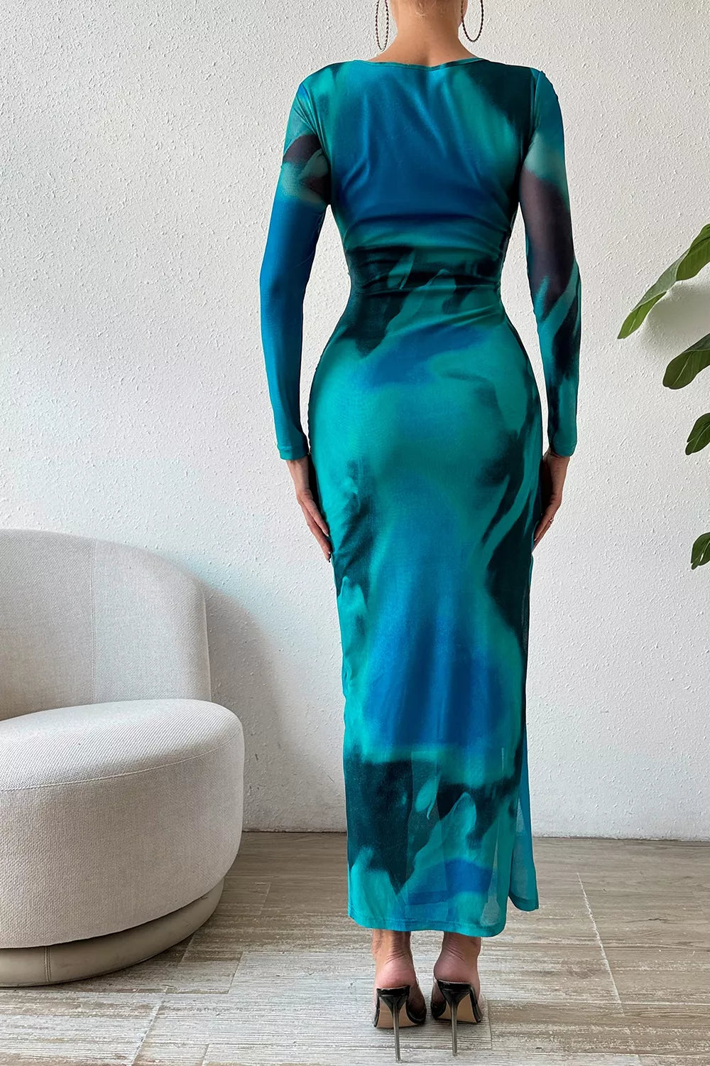 Ruched Tie-Dye Midi Dress with High Slit