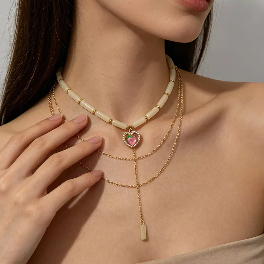 Layered Heart Pendant Necklace with Jade Beads