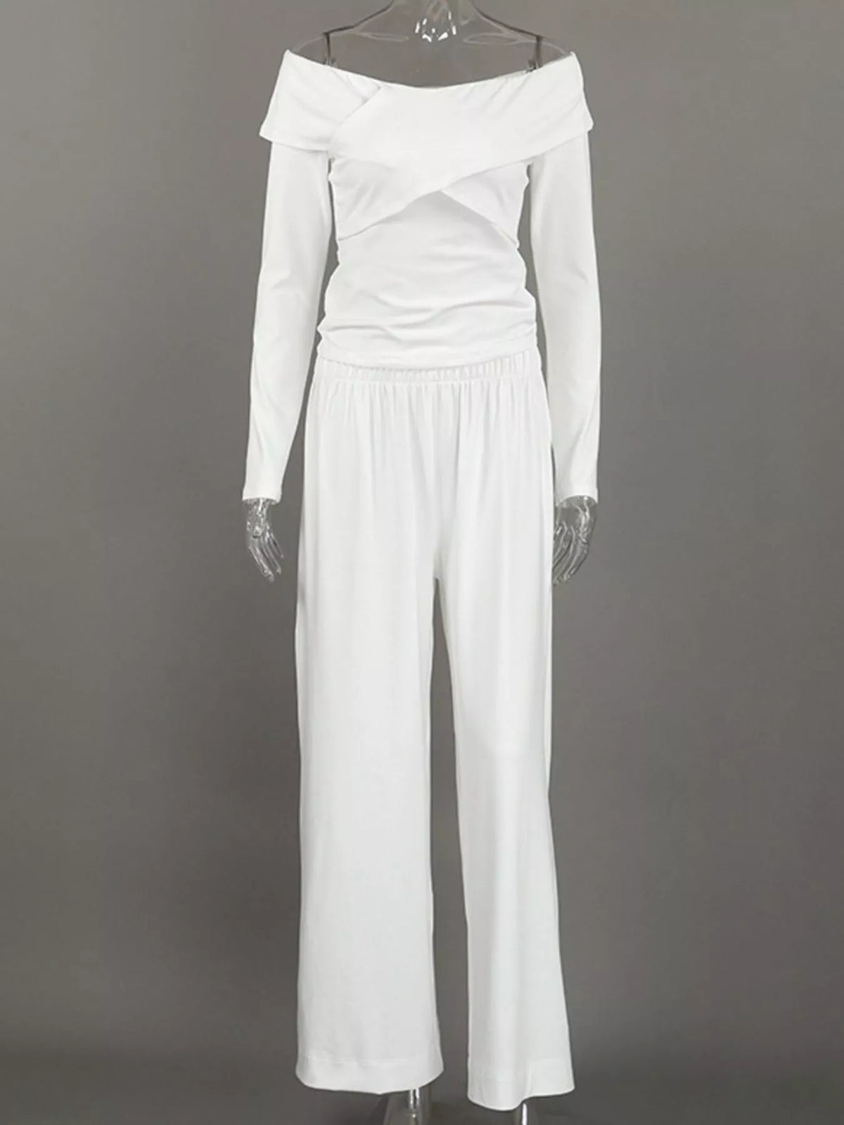 Off-Shoulder Long Sleeve Top and Wide-Leg Pants Set