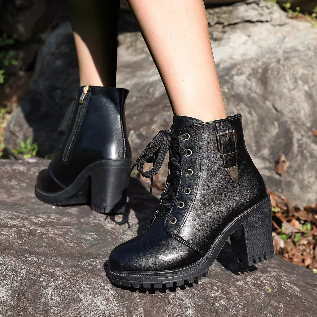 Lace Up Block Heels Boots